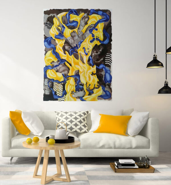 Harmony of Contrasts abstract painting by Yelena Revis on a white wall above a white sofa