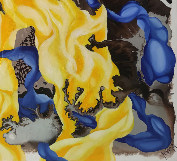 Yelena Revis signature and yellow and blue fluid shapes on Harmony of Contrasts