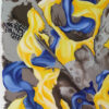 Detail of blue tubular forms, yellow ribbons and a checkered pattern in Harmony of Contrasts by Yelena Revis