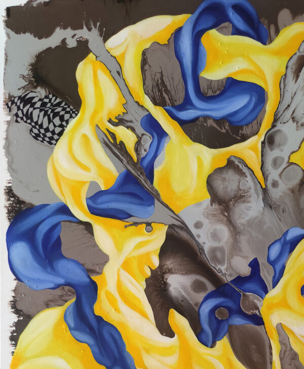 Detail of blue tubular forms, yellow ribbons and a checkered pattern in Harmony of Contrasts by Yelena Revis