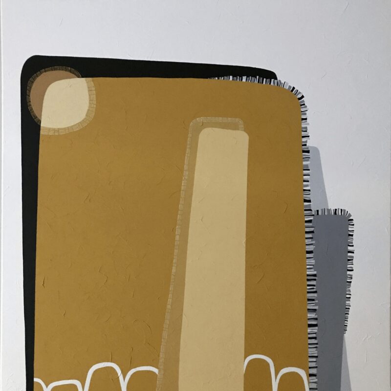 Highrises — Original Architectural Abstract Painting by Yelena Revis Original architectural abstract painting Highrises by Yelena Revis featuring ochre and grey building silhouettes, white arch outlines, and stitched fringe trim on a textured white background.