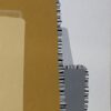 Highrises Upper Right Stitched Detail – Abstract Painting by Yelena Revis Detail of black, white and grey dashed stitching edging ochre and grey blocks in Highrises by Yelena Revis