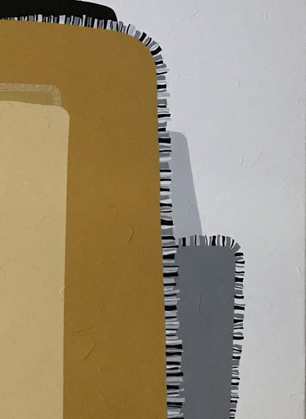 Highrises Upper Right Stitched Detail – Abstract Painting by Yelena Revis Detail of black, white and grey dashed stitching edging ochre and grey blocks in Highrises by Yelena Revis