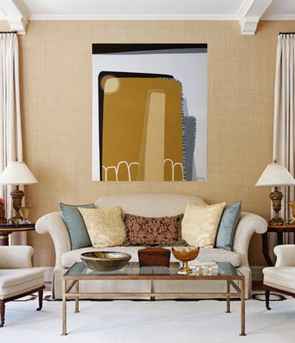 Highrises Interior Wall Art Mockup – Abstract Painting by Yelena Revis Highrises geometric abstract painting by Yelena Revis above a beige sofa in an elegant living room