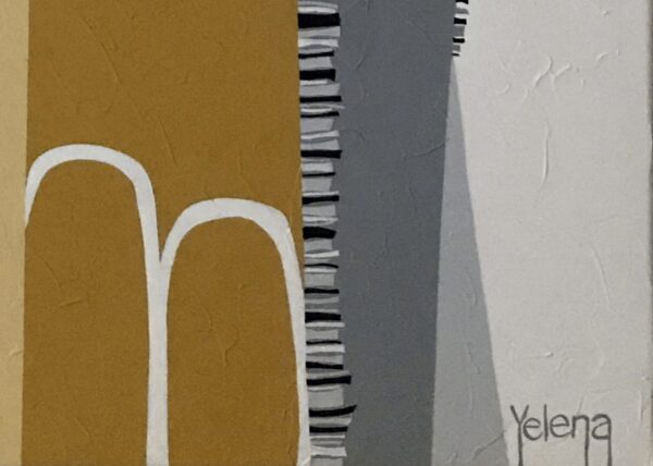 Highrises Artist Signature Detail – Abstract Painting by Yelena Revis Yelena Revis signature and stitched border details on Highrises