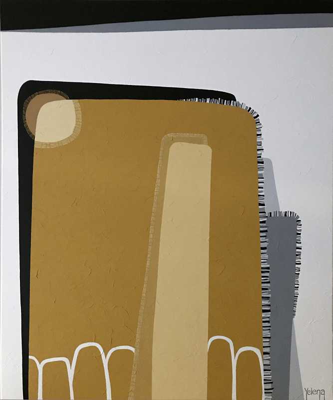 Highrises Original Geometric Abstract Painting by Yelena Revis Highrises geometric abstract painting by Yelena Revis with ochre and beige vertical forms and charcoal silhouettes
