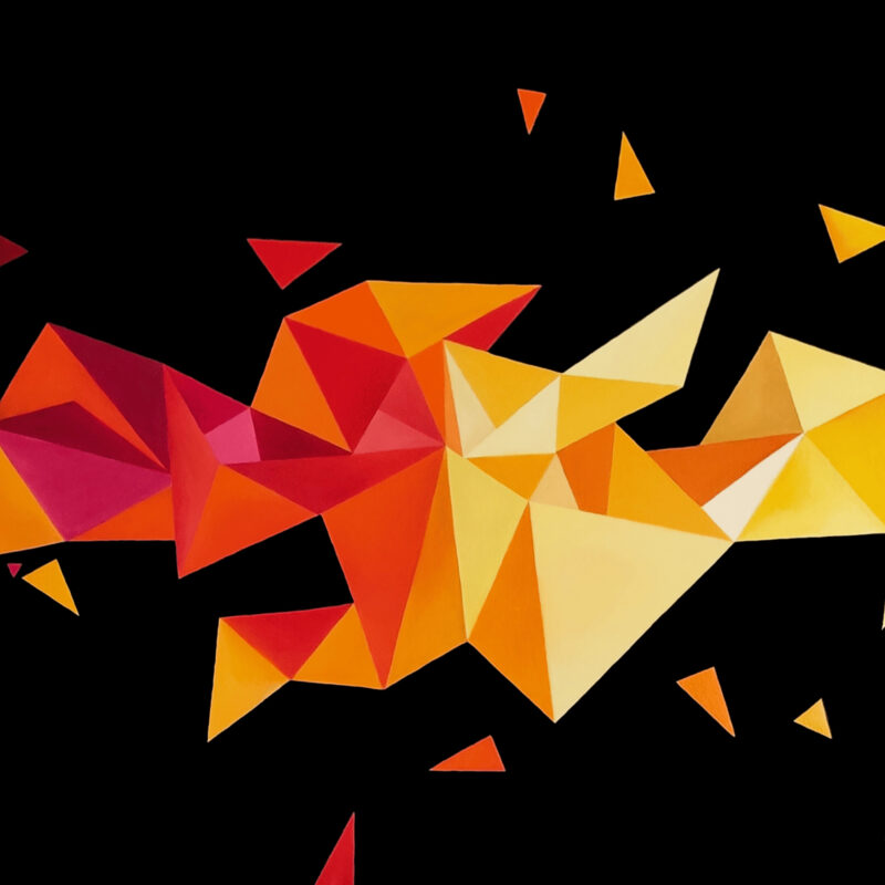 Kaleidoscopic II — Original Geometric Abstract Painting by Yelena Revis Original geometric abstract painting Kaleidoscopic II by Yelena Revis featuring faceted red, orange, and yellow crystalline triangle shapes floating on a black background.