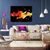 Kaleidoscopic II geometric abstract painting by Yelena Revis above a cream couch on a navy feature wall