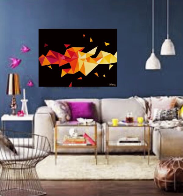 Kaleidoscopic II geometric abstract painting by Yelena Revis above a cream couch on a navy feature wall