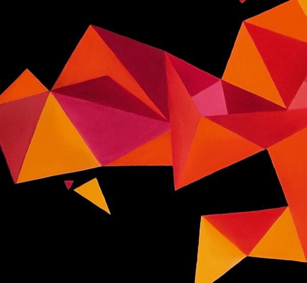 Detail of crimson, magenta and orange low-poly triangles in Kaleidoscopic II by Yelena Revis