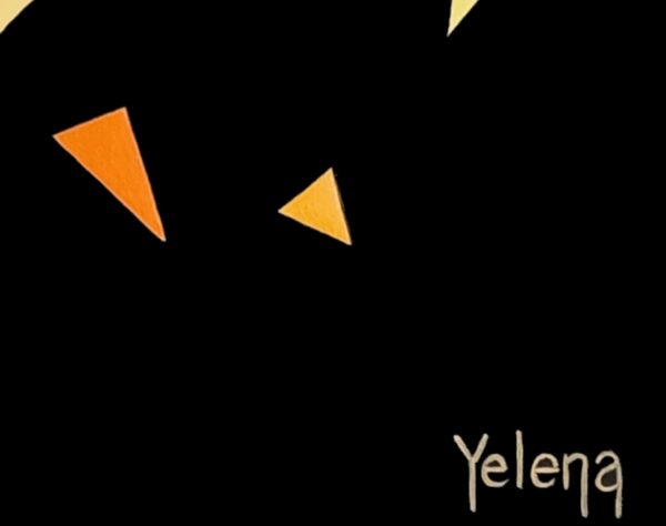 Yelena Revis signature in the lower right of Kaleidoscopic II, beside orange triangular fragments on black