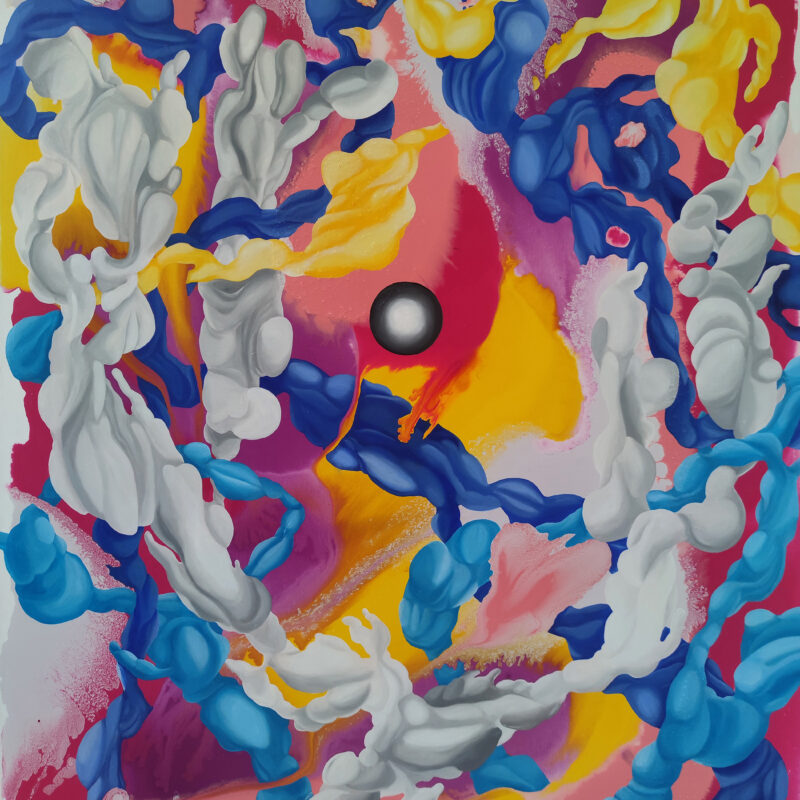 Neural Connections — Original Expressionist Abstract Painting by Yelena Revis Original expressionist abstract painting Neural Connections by Yelena Revis featuring swirling blue, grey, yellow, and turquoise ribbons around a central dark sphere on a magenta background.