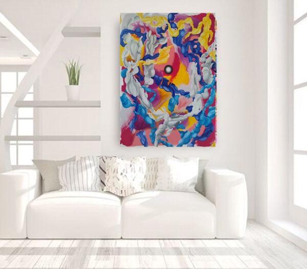 Neural Connections Modern Living Room Mockup – Canvas Art by Yelena Revis Neural Connections abstract painting by Yelena Revis on a white wall above a white sofa in a sunlit room