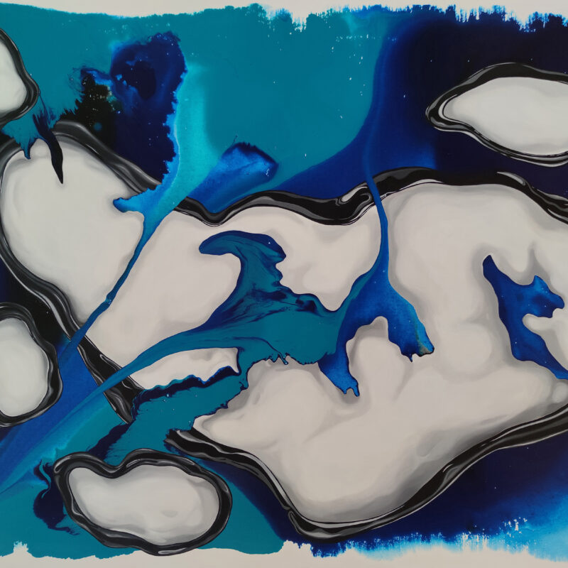 New Beginning — Original Abstract Fluid Painting by Yelena Revis Original abstract fluid painting New Beginning by Yelena Revis featuring white and grey cellular islands with black borders and blue ink flows on a deep navy background.