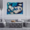 New Beginning abstract painting by Yelena Revis above a tufted grey sectional sofa in a living room