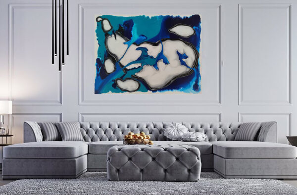 New Beginning abstract painting by Yelena Revis above a tufted grey sectional sofa in a living room