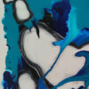 Detail of white and grey cell forms with glossy black outlines on turquoise washes in New Beginning by Yelena Revis
