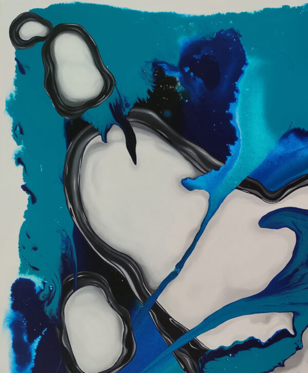 Detail of white and grey cell forms with glossy black outlines on turquoise washes in New Beginning by Yelena Revis