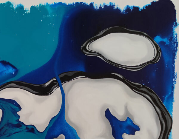 Detail of an oval white cell with glossy black borders over sapphire and turquoise washes in New Beginning by Yelena Revis