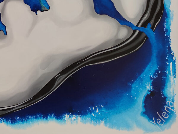 Yelena Revis signature in the lower right of New Beginning over turquoise and deep blue ink washes