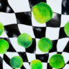 Perpetual Motion Detail View — Painting by Yelena Revis Perpetual Motion painting detail by Yelena Revis showing floating green apples on a warped checkerboard.