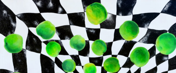 Perpetual Motion Detail View — Painting by Yelena Revis Perpetual Motion painting detail by Yelena Revis showing floating green apples on a warped checkerboard.