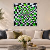 Perpetual Motion Living Room View — Painting by Yelena Revis Perpetual Motion painting by Yelena Revis styled above a neutral sofa in a modern, sunlit living room interior.