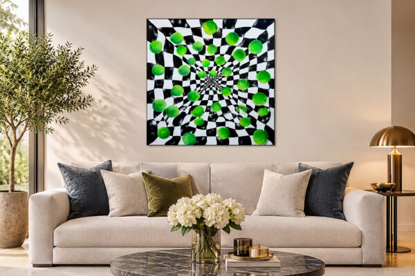 Perpetual Motion Living Room View — Painting by Yelena Revis Perpetual Motion painting by Yelena Revis styled above a neutral sofa in a modern, sunlit living room interior.