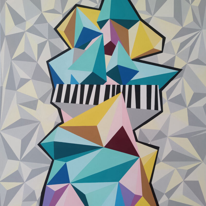 Philosophy of Architecture — Original Geometric Abstract Painting by Yelena Revis Original geometric abstract painting Philosophy of Architecture by Yelena Revis featuring faceted teal, gold, and pink crystalline architectural prisms with black-and-white striped bands on a grey triangular background.