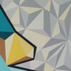 Detail of grey low-poly triangles meeting teal and yellow facets in Philosophy of Architecture by Yelena Revis