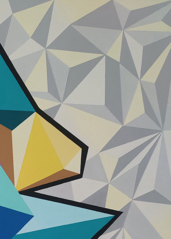 Detail of grey low-poly triangles meeting teal and yellow facets in Philosophy of Architecture by Yelena Revis