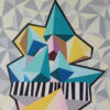 Detail of teal, yellow and blue faceted shapes and a striped band in Philosophy of Architecture by Yelena Revis