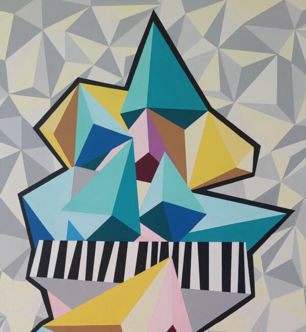 Detail of teal, yellow and blue faceted shapes and a striped band in Philosophy of Architecture by Yelena Revis