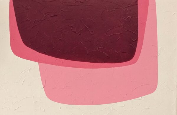 Detail of palette-knife impasto on a maroon block within a bubblegum pink shape in Pink Reflection by Yelena Revis