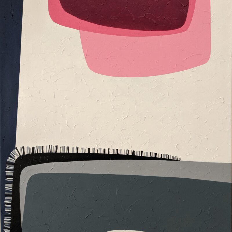 Pink Reflection — Abstract Painting by Yelena Revis Pink Reflection original abstract painting by Yelena Revis with burgundy pink shapes and stitched fringe detail.