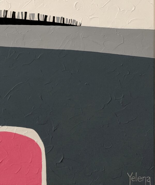 Yelena Revis signature over charcoal impasto with stitched line motifs in Pink Reflection