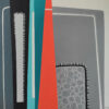 Premonition of Dawn abstract painting by Yelena Revis with red and teal architectural pillars and pebble pattern.