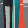 Detail of vertical colour blocks in slate, black, aqua, teal and coral with stitched borders in Premonition of Dawn