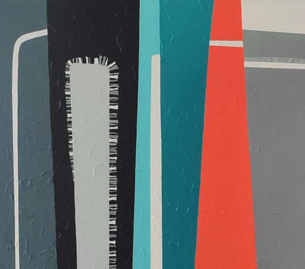 Detail of vertical colour blocks in slate, black, aqua, teal and coral with stitched borders in Premonition of Dawn