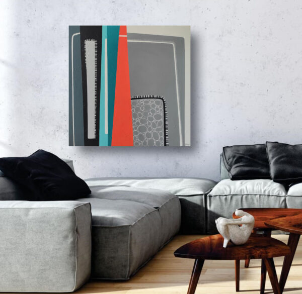 Premonition of Dawn abstract painting by Yelena Revis on a concrete wall above a grey sectional sofa