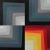 Shades of Maze abstract painting by Yelena Revis featuring geometric concentric corners in slate, grey, red, and yellow.