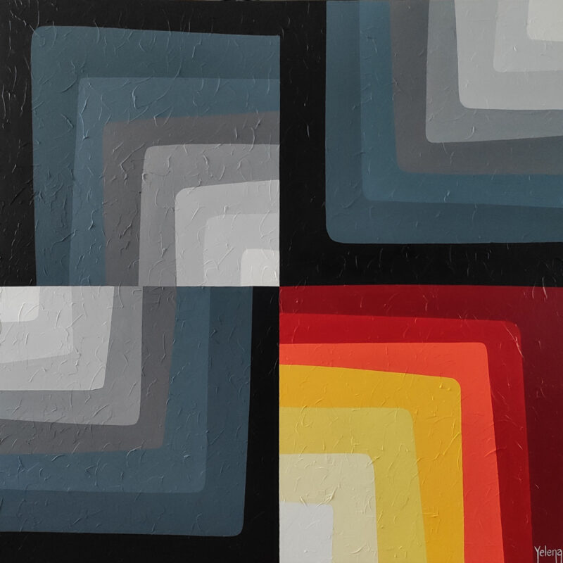 Shades of Maze — Abstract Painting by Yelena Revis Shades of Maze abstract painting by Yelena Revis featuring geometric concentric corners in slate, grey, red, and yellow.