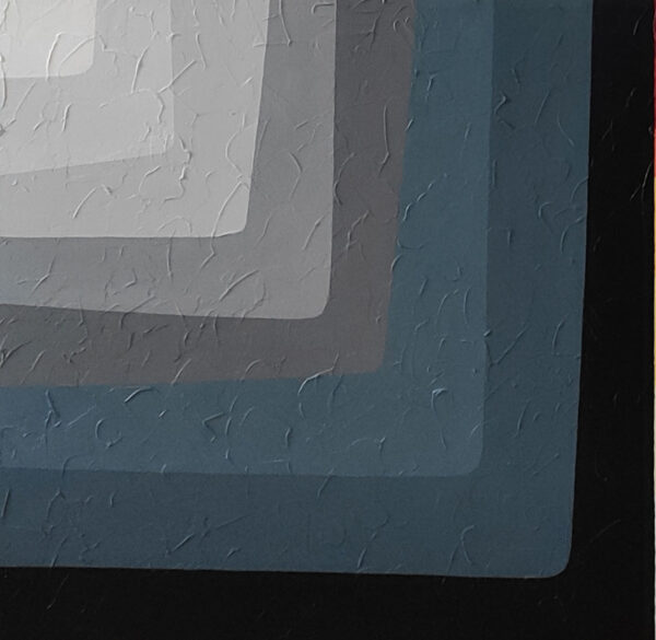Detail of cool grey, slate blue and white L-shaped bands with impasto in Shades of Maze by Yelena Revis