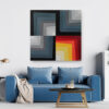 Shades of Maze abstract painting by Yelena Revis above a bright blue sofa in a minimalist living room