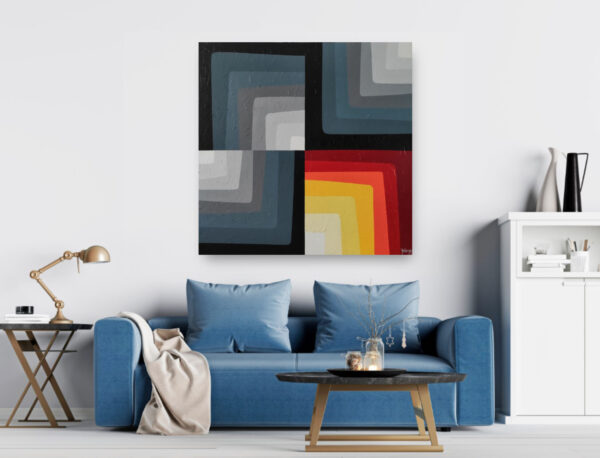Shades of Maze abstract painting by Yelena Revis above a bright blue sofa in a minimalist living room