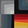 Detail of the centre where four quadrants meet in slate, blue, crimson and yellow bands, Shades of Maze by Yelena Revis