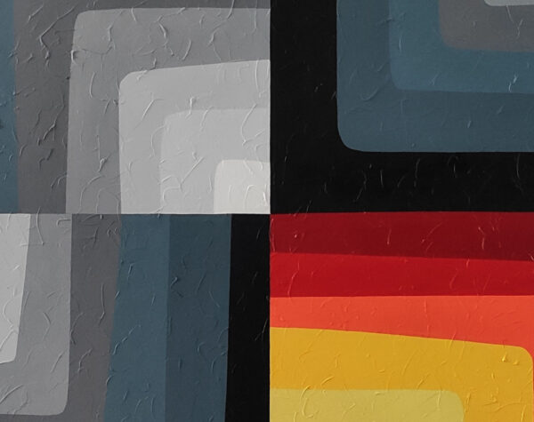 Detail of the centre where four quadrants meet in slate, blue, crimson and yellow bands, Shades of Maze by Yelena Revis