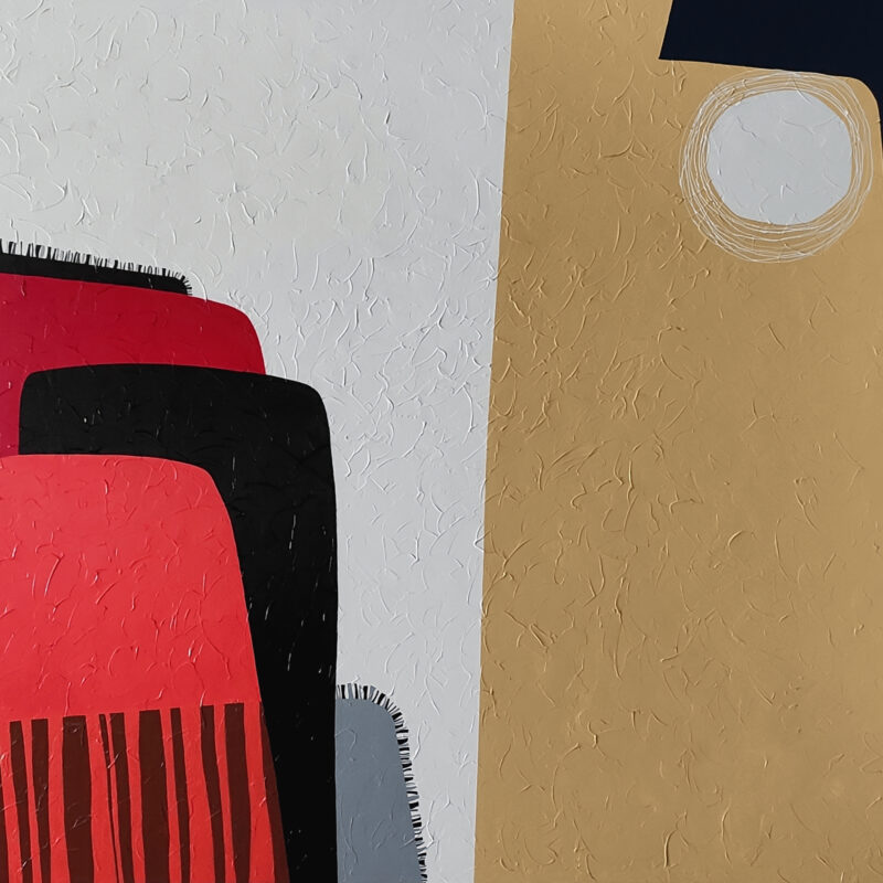 Silent Expanse — Abstract Painting by Yelena Revis Silent Expanse abstract painting by Yelena Revis featuring ochre, red, and black architectural forms with moon motif.