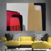 Silent Expanse abstract painting by Yelena Revis above a yellow couch in a modern living room