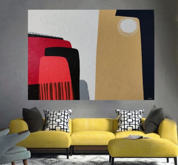 Silent Expanse abstract painting by Yelena Revis above a yellow couch in a modern living room
